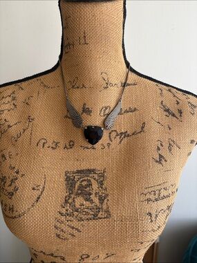 Silver Winged Heart Necklace with Black Stone